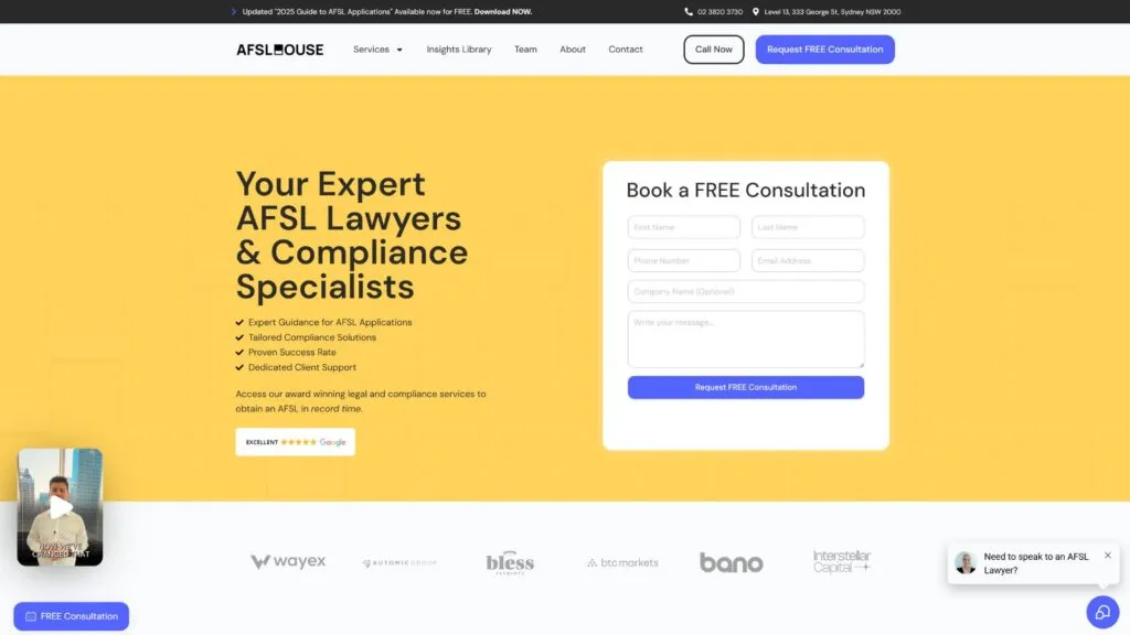 Website Screenshot of Commersion Legal Law Firm SEO Client AFSL House — website after SEO/CRO redesign (new version)