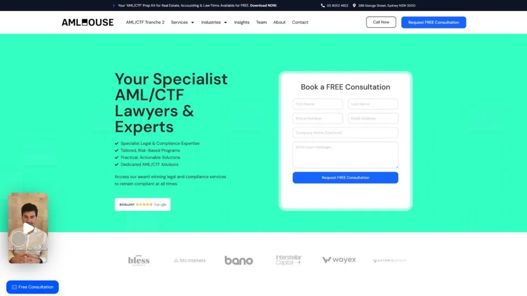 Website Screenshot of Commersion Legal Law Firm SEO Client AML House — new website at launch — AML/CTF compliance law firm
