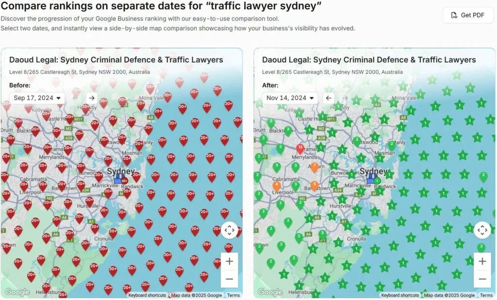 Google Maps Coverage Screenshot of Commersion Legal Law Firm SEO Client SCDTL — “Traffic Lawyer Sydney” — Before (left) mostly red Position 10+ (17 Sep 2024) vs After (right) mostly green Top‑3 (14 Nov 2024) — Verified Nov 2024