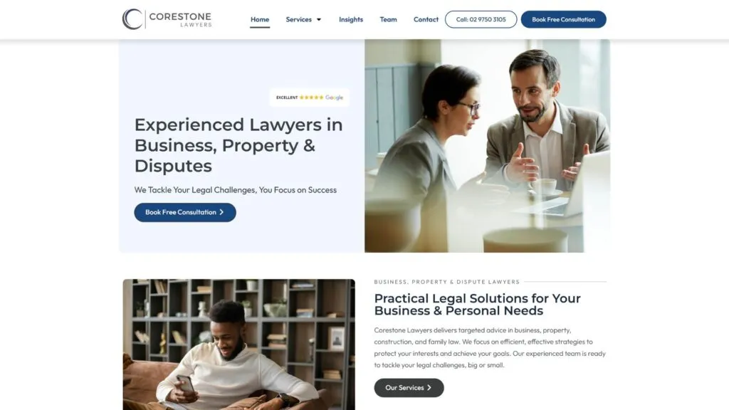 Website Screenshot of Commersion Legal Law Firm SEO Client Corestone Lawyers — website after SEO/CRO redesign (new version)