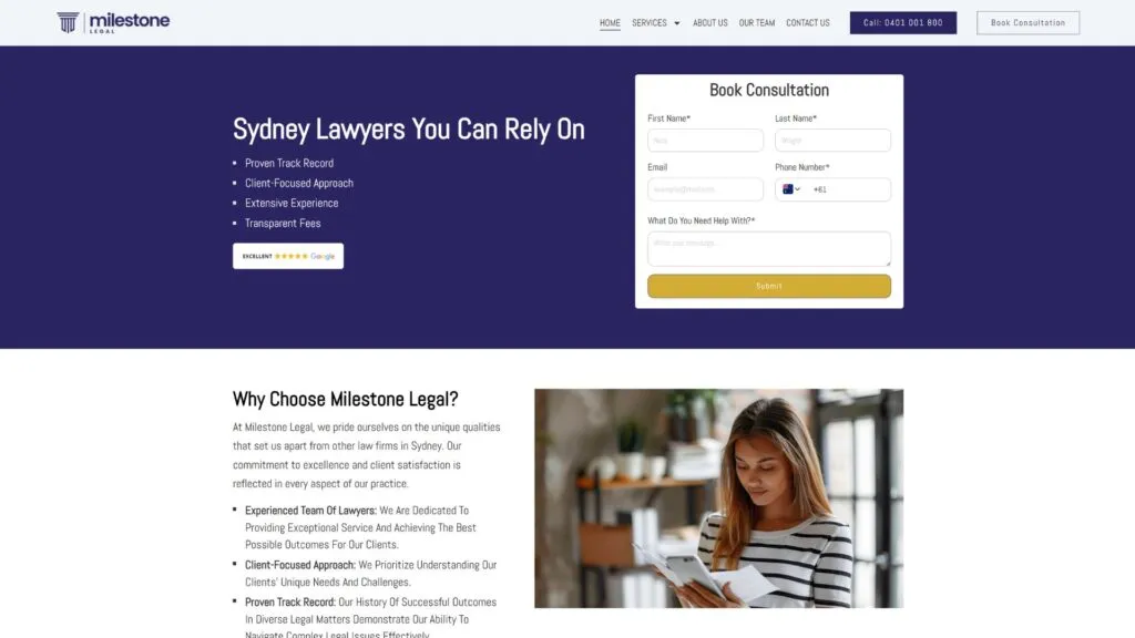Website Screenshot of Commersion Legal Law Firm SEO Client Milestone Legal — website after SEO/CRO redesign (new version)