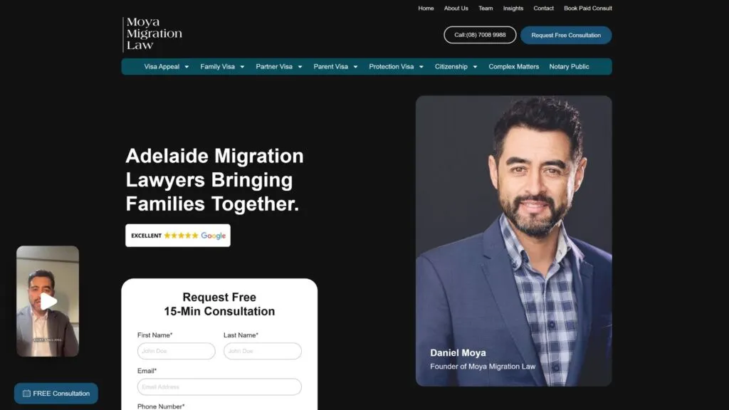 Website Screenshot of Commersion Legal Law Firm SEO Client Moya Migration Law — website after SEO/CRO redesign (new version)