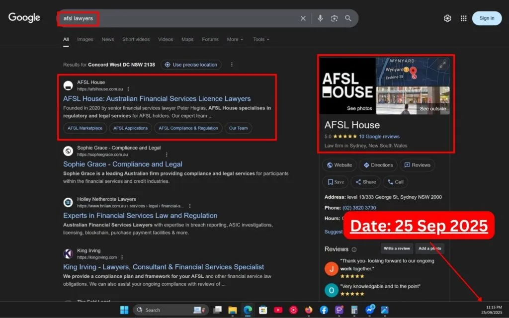 Live SERP Screenshot of Commersion Legal Law Firm SEO Client AFSL House — “AFSL lawyers” — #1 Google Organic with Google Knowledge Panel visible — Verified Sep 2025