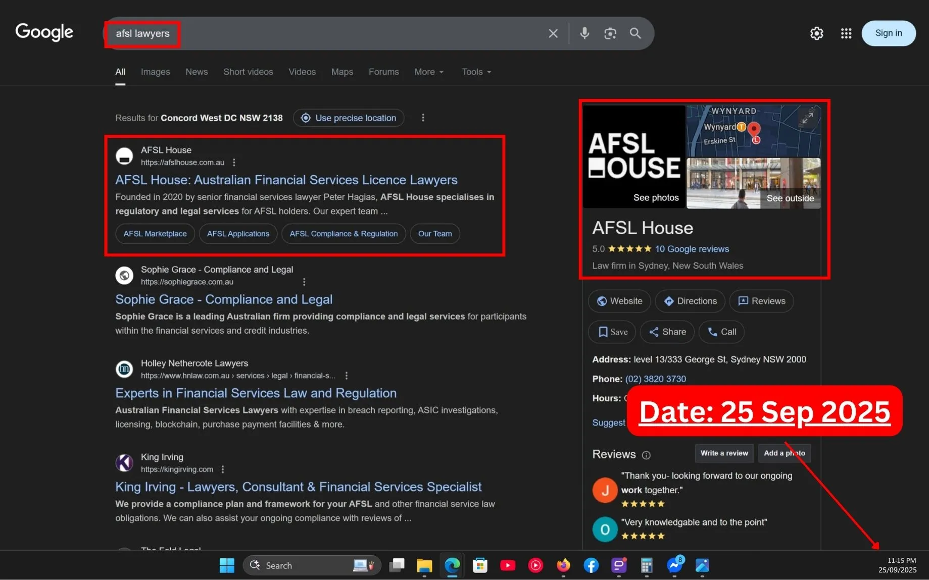Live SERP Screenshot of Commersion Legal Law Firm SEO Client AFSL House — “AFSL lawyers” — #1 Google Organic with Google Knowledge Panel visible — Verified Sep 2025