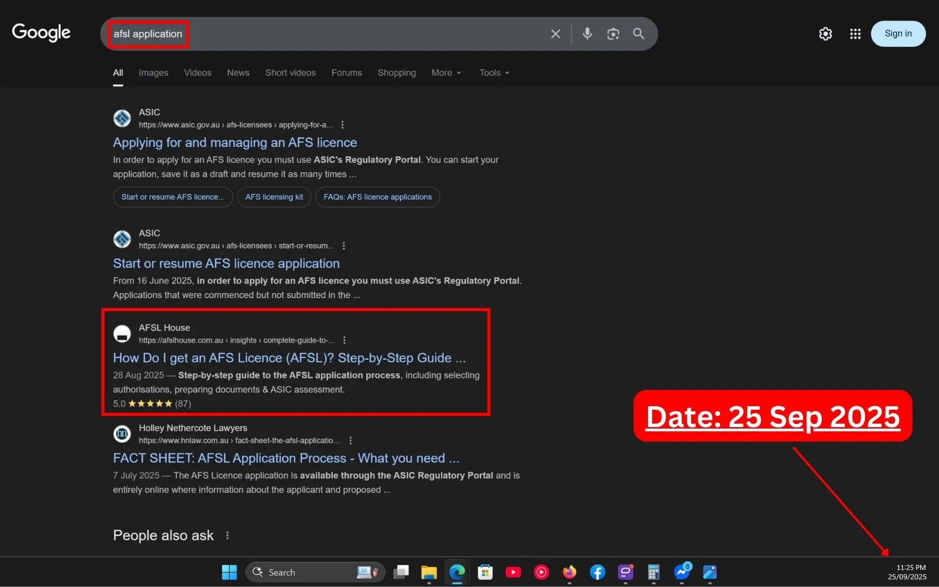 Live SERP Screenshot of Commersion Legal Law Firm SEO Client AFSL House in Top-3 for