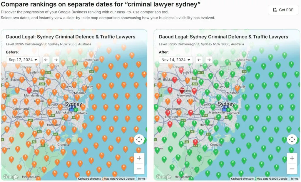 Google Maps Coverage Screenshot of Commersion Legal Law Firm SEO Client SCDTL — “Criminal Lawyer Sydney” — Before (left) mostly orange Position 5+ (17 Sep 2024) vs After (right) mostly green Top‑3 (14 Nov 2024) — Verified Nov 2024