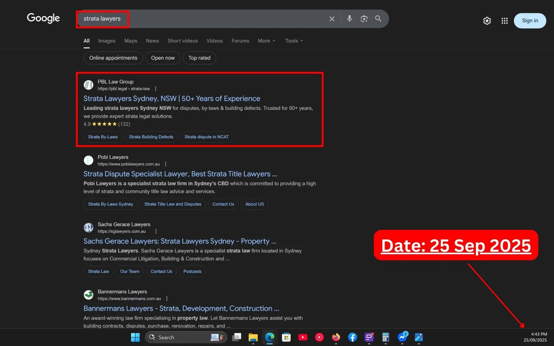 Live SERP Screenshot of Commersion Legal Law Firm SEO Client PBL Law Group in Rank #1 for