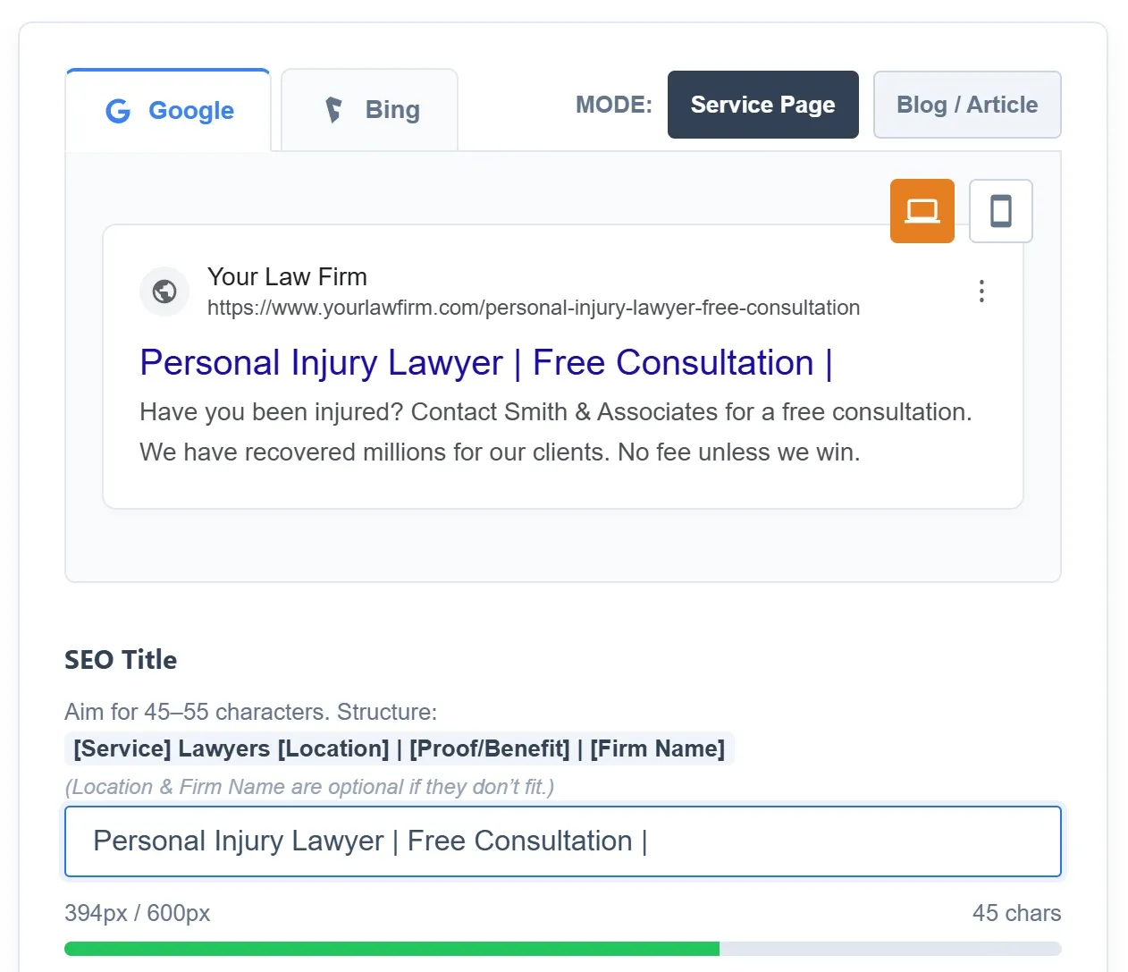 Preview of the Meta Title & Description Length Checker in Service Page mode, showing how your snippet will appear in Google while checking length and structure in real time.